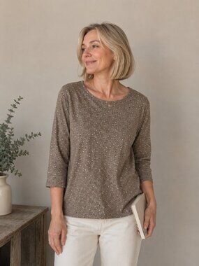 Taupe Polka Dot Cotton Top 3/4 Sleeves Size 8/10 Pima Cotton